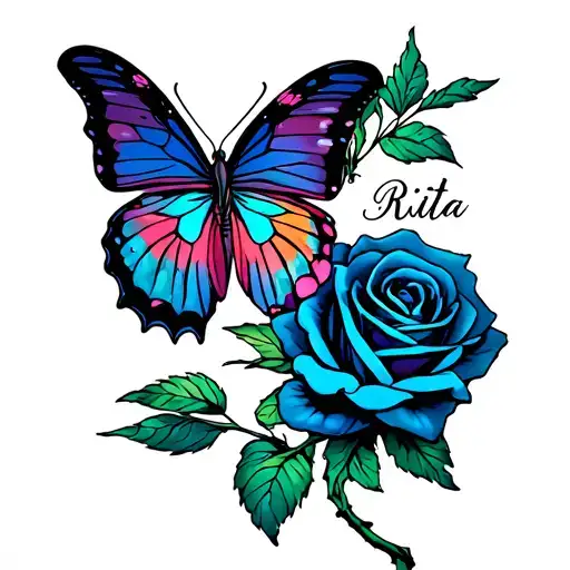 Butterfly And Rose With Rita Name On Stem Wrapped