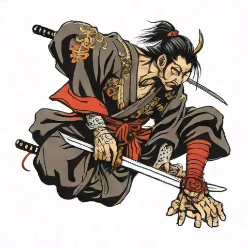 Samurai Kneeling With His Katana Stuck Into The Ground