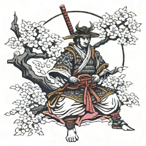 Samurai With Cherry Tree Behind Him