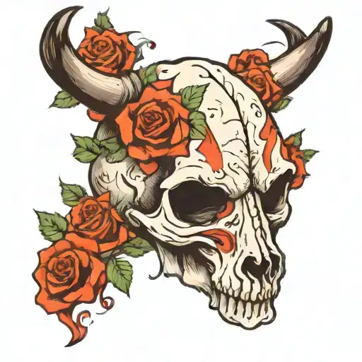 Cow Scull On Fire With Roses