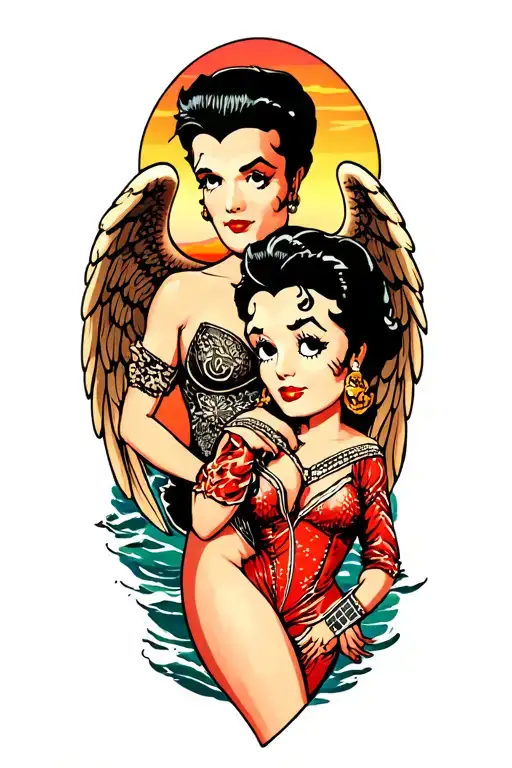 Angel Betty Boop And Elvis Presley By Ocean At Sunset Background
