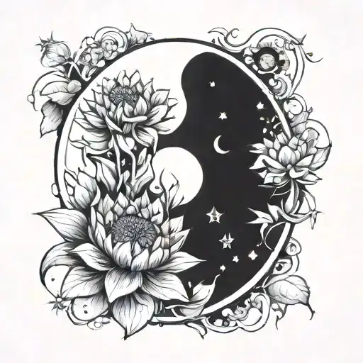 Cresent Moon Surrounded By Sunflower And Lotus Flower