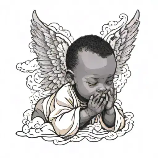 African Black Baby Praying With Clouds And Wings Made