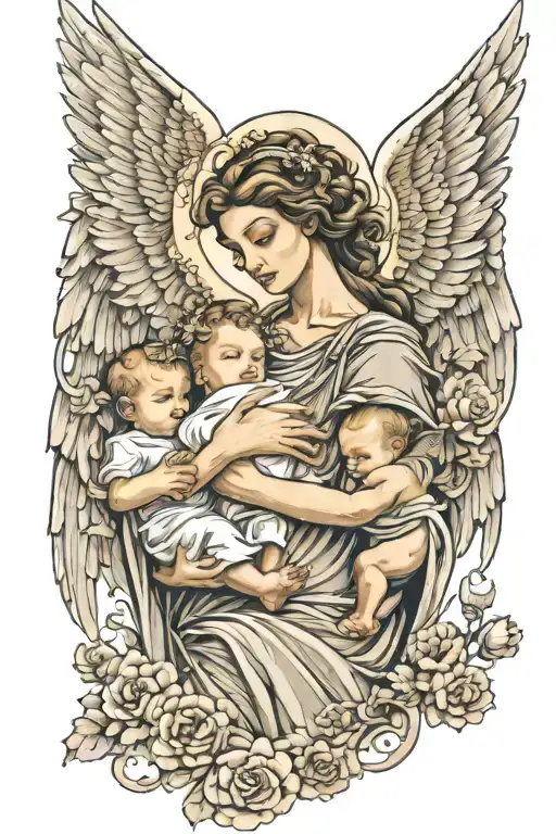 Mother Holding A Baby And Angels Carring It In Fresco Style