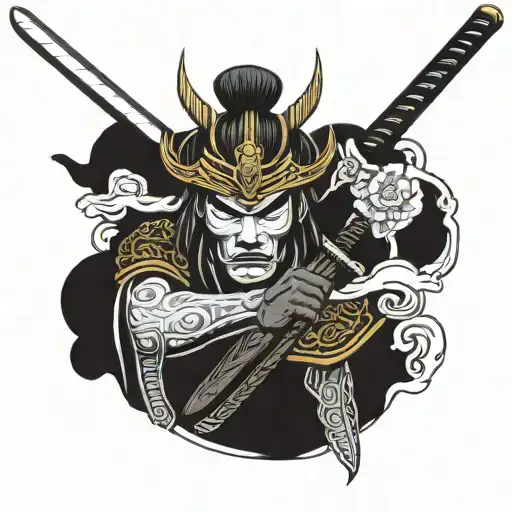 Samurai Head With A Sword Going Down Wrapped By Its Hand