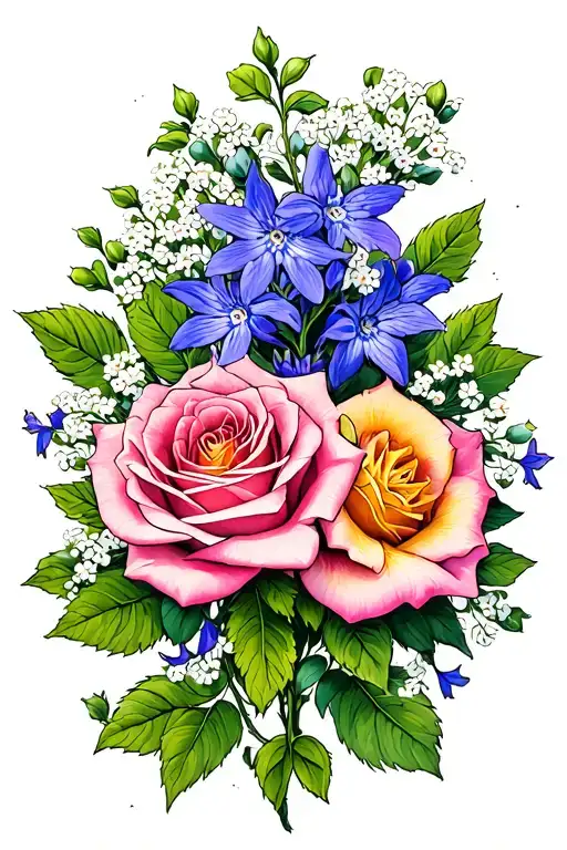 Larkspur And Rose And Baby's Breath Growing