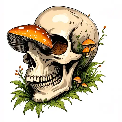 Skull With Mushrooms Growing Out Of It