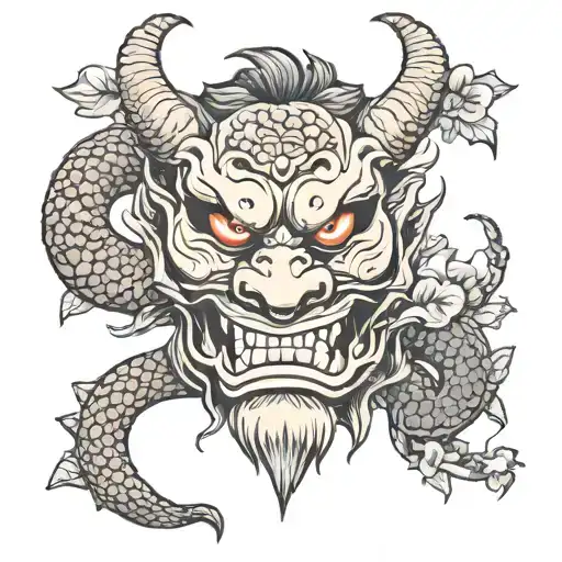 Japanese Dragon Sakura Tree Oni Mask With Snake