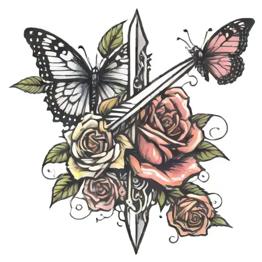 Sword And Butterfly With Rose