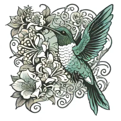 Humming Bird With Flowers Intertwined