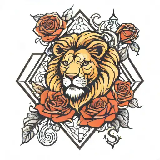 Lion Clock Rose In Diamond Shaped Line Outlining