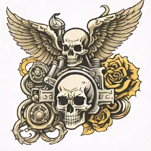 Skull Arm Vtwin Engine Rock N Roll Wings