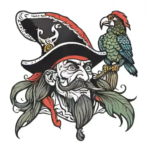 Oldschool Tattoo Of A Pirate With A Red Hat And His Parrot