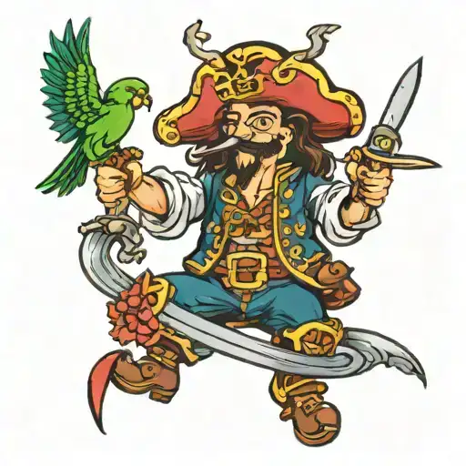 Oldschool Flash Tattoo Of A Happy Pirate With His Swords And A Parrot