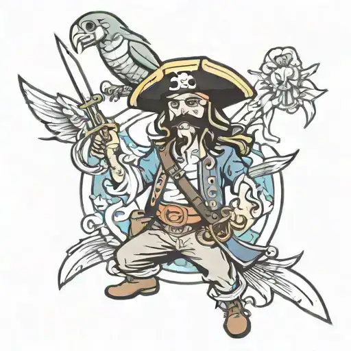 Oldschool Flash Tattoo Of A Happy Pirate With His Swords And A Parrot