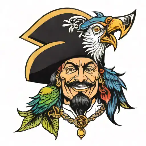 Oldschool Flash Tattoo Of A Happy Pirate With His Parrot