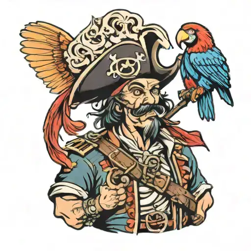 Oldschool Flash Tattoo Of A Happy Pirate With His Parrot