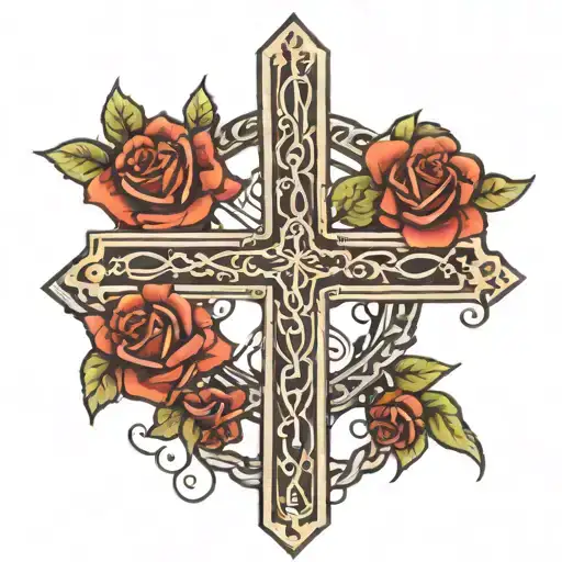 Rebar Bent Into A Very Complex Cross Design With Roses In The Back On There Vine