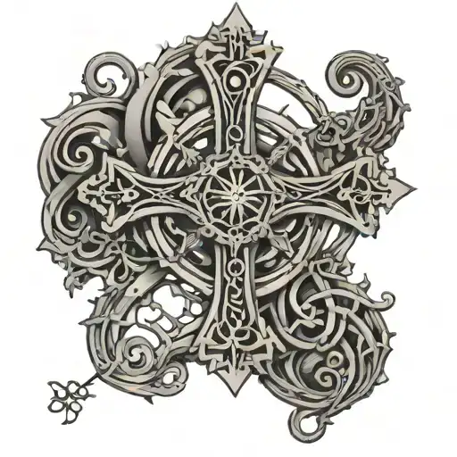 Rebar Bent Into A Very Complex Cross Design With 8 O'clocks In The Back On There Vine