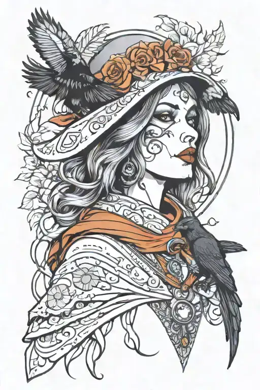 Neotraditional Style Sorceress Containing A Crow And A Bear