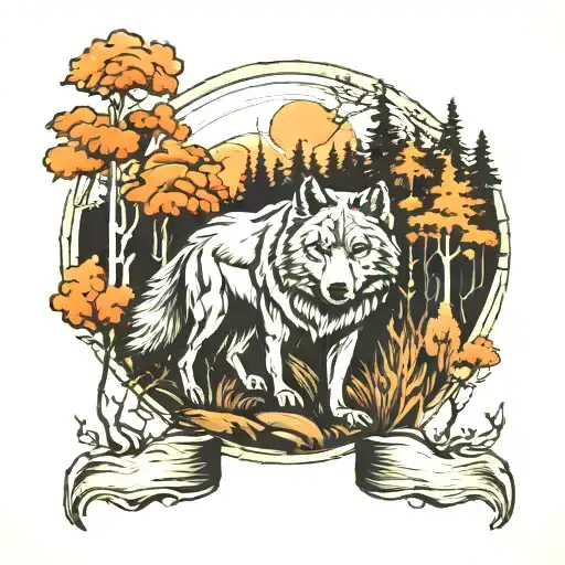 Wolf And Bear In The Forest Landscape