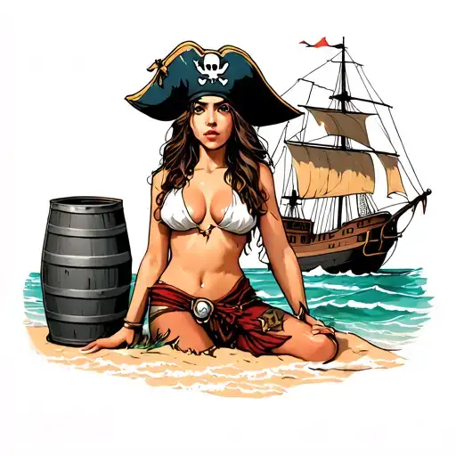 Bare Breasted Pirate Girl On The Beach With A Keg Of Rum And Her Ship In The Background