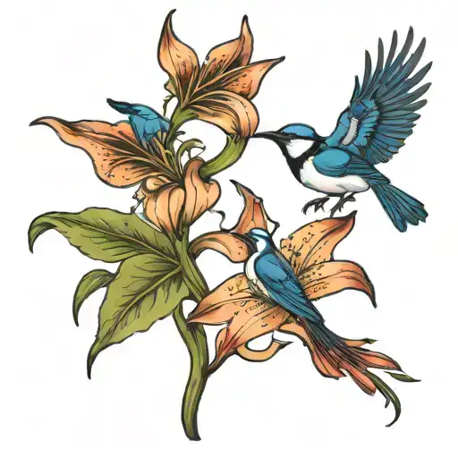 Star Lily Flower And Bluejay Silhouette