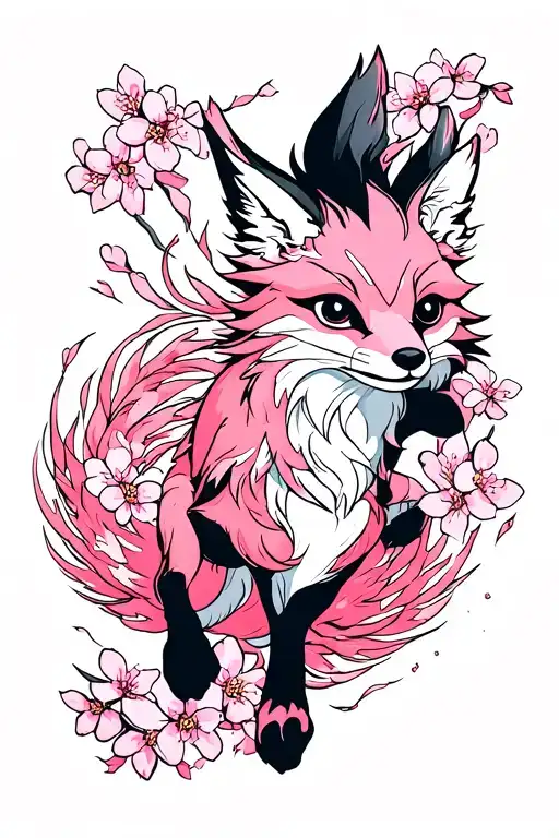 Pink Nine Tailed Fox Running With Cherry Blossom Flowers Surrounding