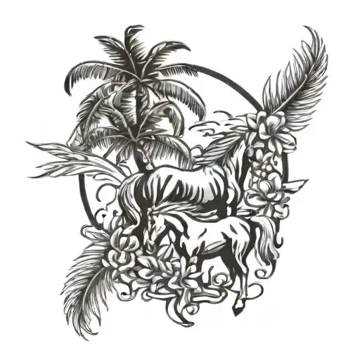 Palm Tree Branch And Horses