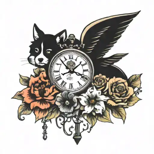 Cosmo Flower Poppy Flower Narciss Flower & Angel Wings Dog Paw Bird Lock And Key Clock