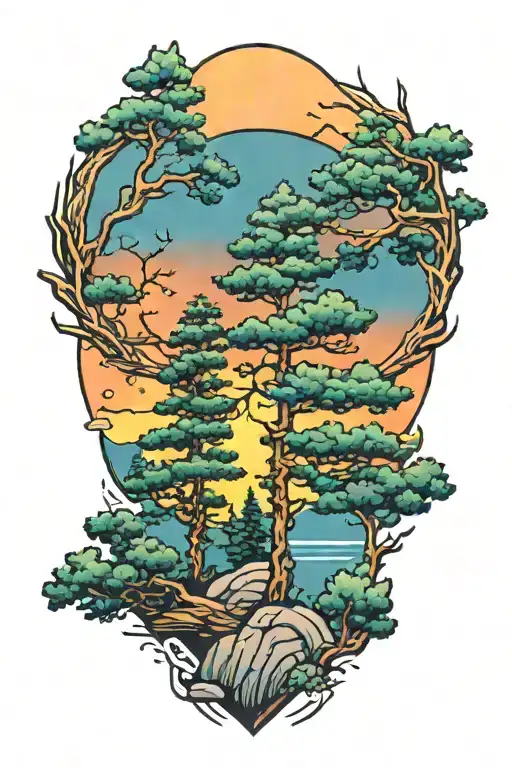 Pine Tree Colored Like A Sunset Sky