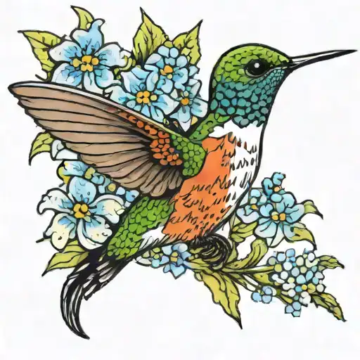 Hummingbird On A Forget-me-not Flower Blooming