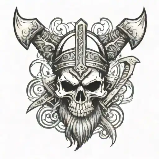 Viking Warrior Skull With Beard And Axes Crossed Behind