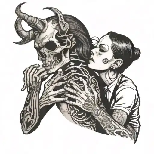 Diablo Skull And Gentlegirl With Streight Hair Kissing Each Other Diablo's Hand On The Girl's Neck