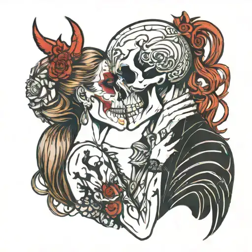 Diablo Skull And Gentlegirl With Straight Hair Kissing Each Other Diablo's Hand On The Girl's Neck