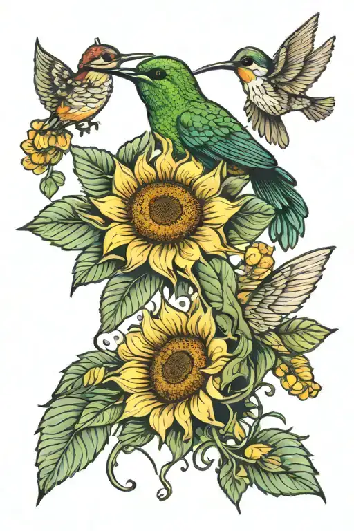 Hummingbird Sipping Nectar Sunflowers