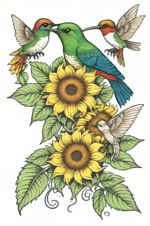 Hummingbird Sipping Nectar Sunflowers