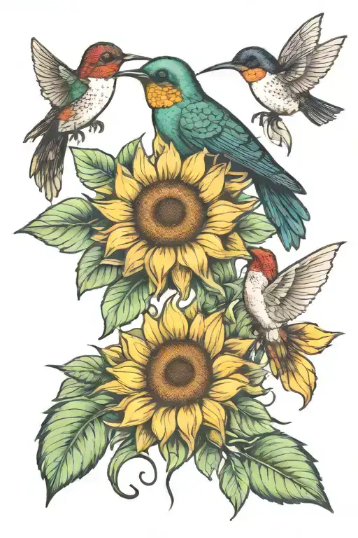 One Hummingbird Sipping Nectar Sunflowers