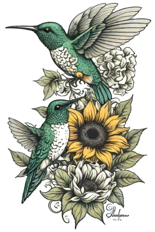 One Hummingbird Sipping Nectar Sunflowers