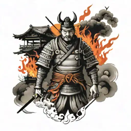 Samurai Protecting His Family In Burning Village