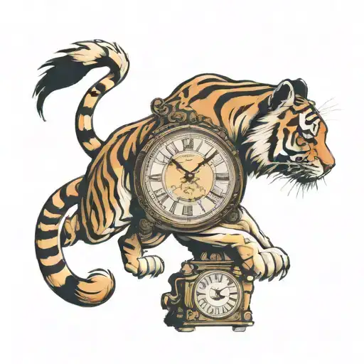 Old Clock With Rome Numbers And A Tiger Walking