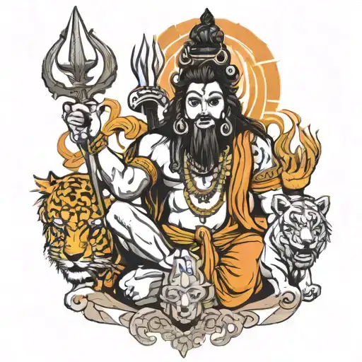 Lord Shiva Standing With Trishul And Ganesh And Lion