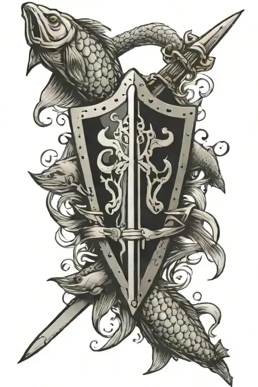 Shield With 3 Fish And Swords Crossed