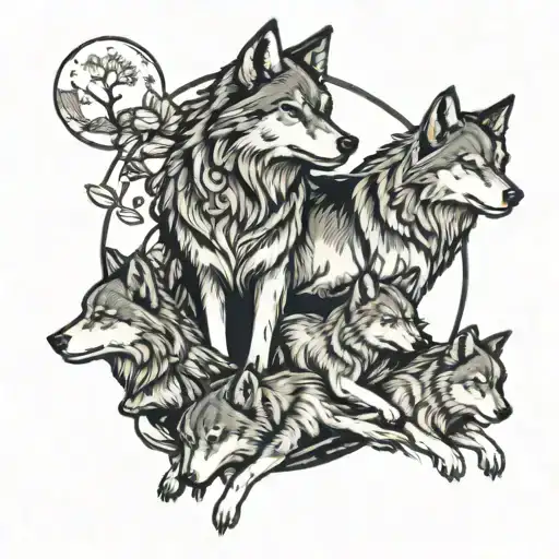 Mom Wolf With 5 Pups With Landscape And Moon