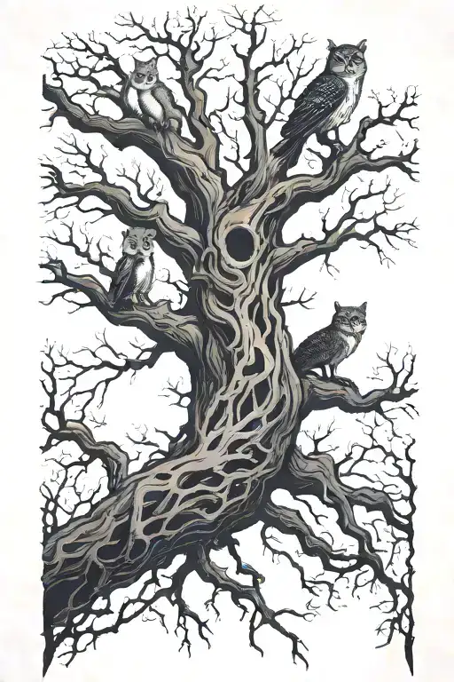 Eerie Woodland Creatures Staring From A Large Tree