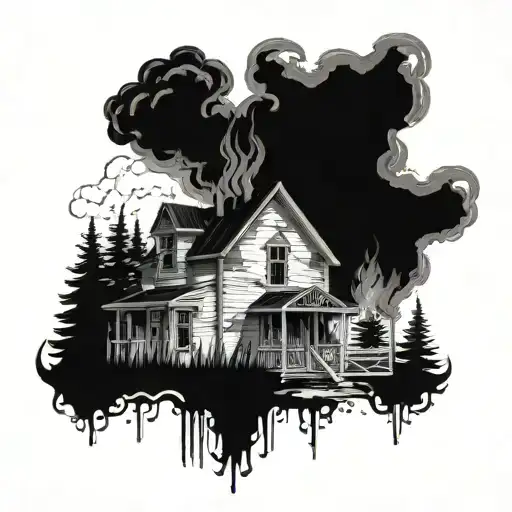 I Want A Typical American Wooden House Burning Created In The Style Of Black And White Munch's Works