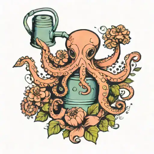 Octopus Gardening With Watering Can With Flowers Growing