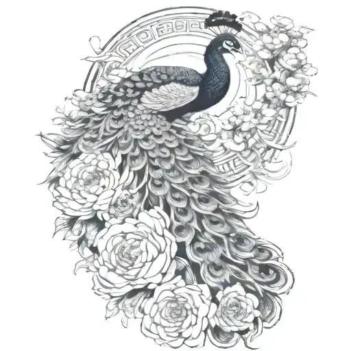 Male Peacock And Chrysanthemum Flowers Japanese Style Around The Arm Line And Shade Work