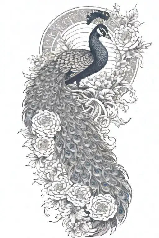 Male Peacock And Chrysanthemum Flowers Japanese Style Around The Arm Line And Shade Work