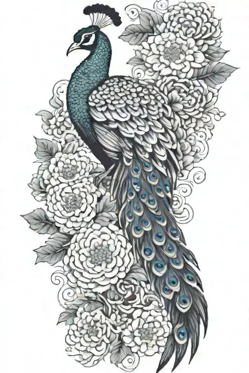 Male Peacock And Chrysanthemum Flowers Japanese Style Around The Arm Line And Shade Work